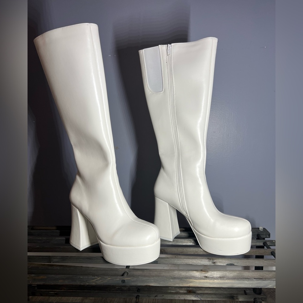 Sugar Thrillz White Platform “Flirty Flair Go-Go” Knee-High Boots